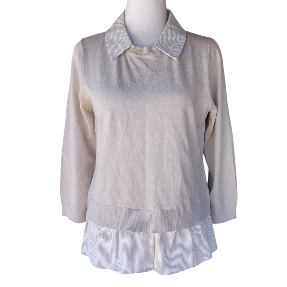 La Vila Milano Oatmeal Layered Look Rhinestone Detail Sweater Preppy Size Medium